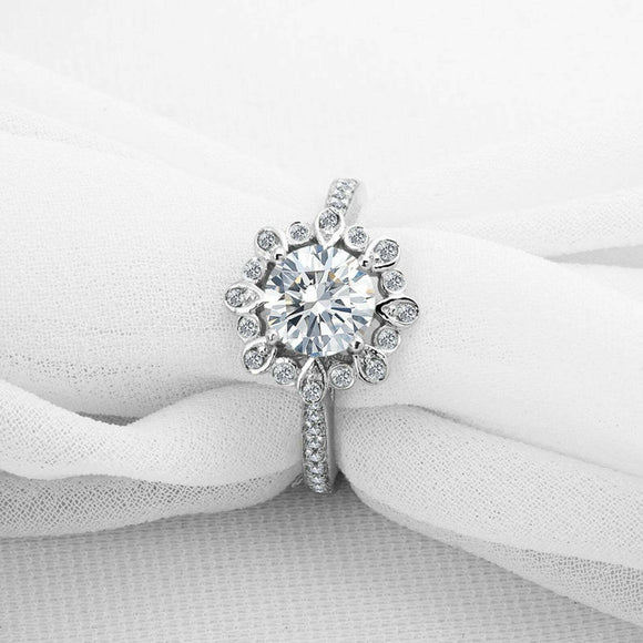 2ct Round Cut VVS1D Diamond Engagement Ring Sunflower Halo 14k White Gold Finish