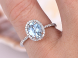 2.4ct Oval Cut Blue Aquamarine Halo Ring 14k White Gold Finish with Round Accent