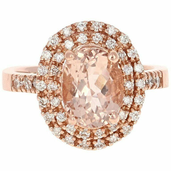 2.2ct Oval Cut Peach Morganite Engagement Ring Double Halo 14k Rose Gold Finish