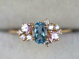 1.8ct Engagement Ring Oval Cut Blue Aquamarine Cluster 14k Yellow Gold Finish