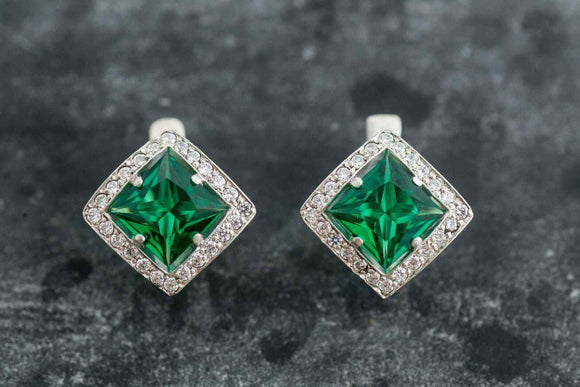 2ct Stud Earrings Princess Cut Green Emerald Diamond Halo 14k White Gold Finish