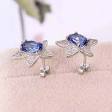 2ct Stud Earrings Oval Cut Blue Sapphire Star Cluster 14k White Gold Finish