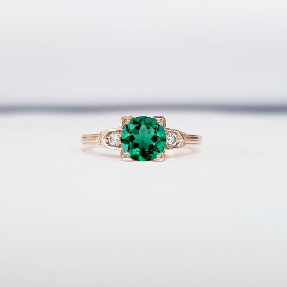 1ct Round Cut Green Emerald Trilogy Solitaire Engagement Ring 14k Rose Gold Over