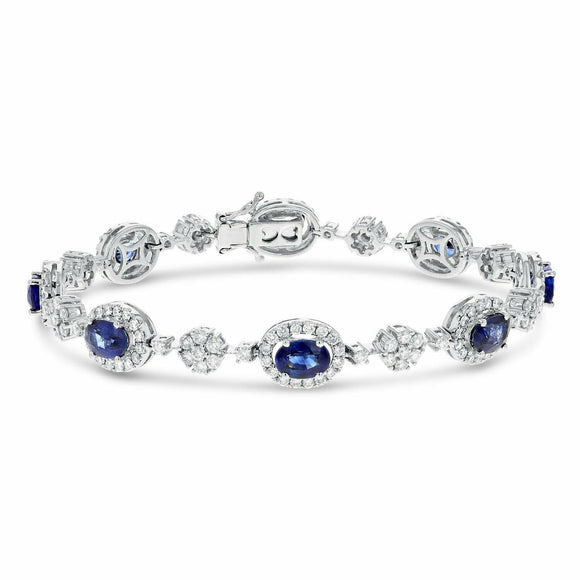 25ct Oval Cut Blue Sapphire Halo Floral Link Tennis Bracelet 14k White Gold Over