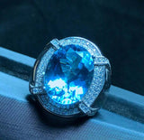 3.45ct Oval Cut Blue Topaz Halo Signet Engagement Men Ring 14k White Gold Finish