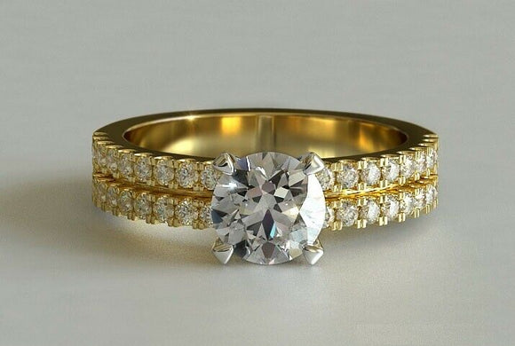 2.5ct Round Cut Diamond Engagement Ring Double Row Accents 14k YellowGold Finish