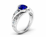 2ct Round Blue Sapphire Leaf Vine Solitaire Round Accent Ring 14k WhiteGold Over