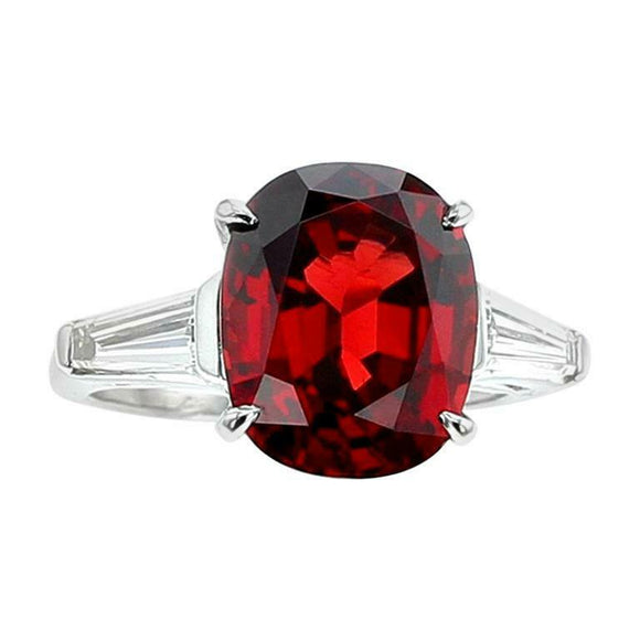 4ct Cushion Cut Red Garnet Engagement Ring Baguette Accent 14k White Gold Finish