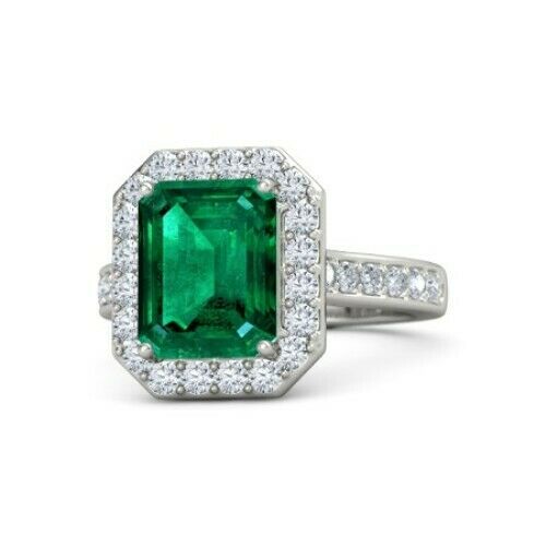 4Ct Green Emerald Diamond Accents Halo Engagement Ring Women 14K White Gold Over