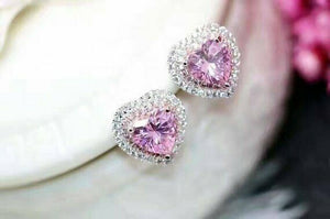 1ct Heart Cut Pink Sapphire Double Halo Stud Women Earrings 14k WhiteGold Finish