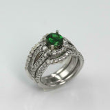 2.5ct Round Cut Green Emerald Diamond Halo Trio Set Ring 14k White Gold Finish