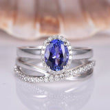 2ct Oval Cut Blue Tanzanite Halo Bridal Set Engagement Ring 14k WhiteGold Finish