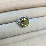 2.7ct Emerald Cut Yellow Citrine Blue Sapphire Halo Ring 14k White Gold Finish