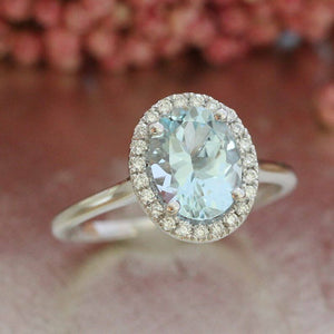 2ct Oval Cut Blue Aquamarine Engagement Ring Diamond Halo 14k White Gold Finish