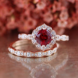 1.5ct Cushion Cut Red Garnet Floral Bridal Set Engagement Ring 14k RoseGold Over