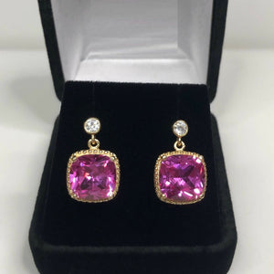 2.3ct Drop Earrings Cushion Pink Sapphire Beaded Solitaire 14k Yellow Gold Over