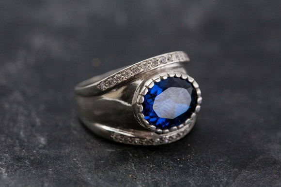 2ct Engagement Ring Oval Blue Sapphire Vintage Inspired Wide 14k White Gold Over