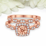 2.5ct Round Peach Morganite Engagement Ring Bridal Set Halo 14k Rose Gold Finish