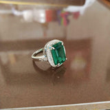 2.4ct Engagement Ring Green Emerald Cut Dotted Ball Halo 14k White Gold Finish