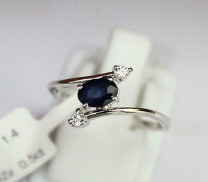 1ct Engagement Ring Oval Cut Blue Sapphire Trilogy Bypass 14k White Gold Finish