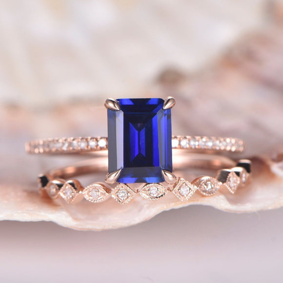 1.3ct Emerald Cut Blue Sapphire Bridal Set Engagement Ring 14k Rose Gold Finish