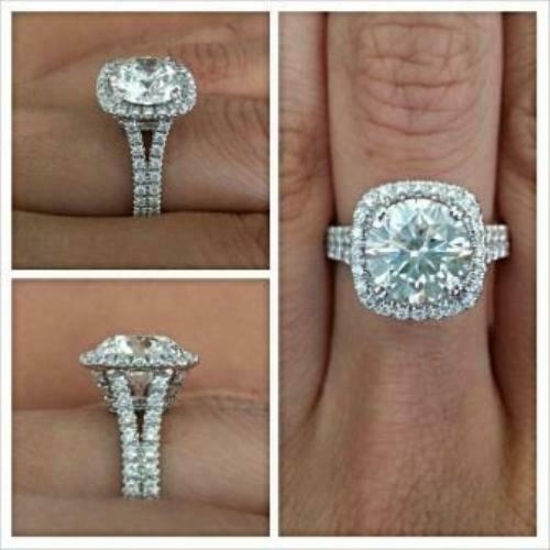 4Ct Round Cut Diamond Halo Split Shank Engagement Ring 14K White Gold Finish