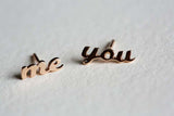 Me You Word Dainty Stud Earrings 14k Rose Gold Finish