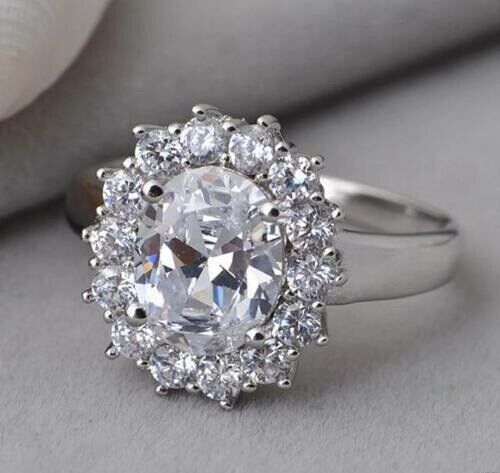 3Ct Oval Cut DVVS1 Diamond Floral Halo Engagement Ring 14K White Gold Finish