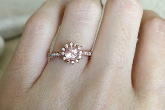 1.7ct Round Cut Peach Morganite Engagement Ring Flower Halo 14k Rose Gold Finish