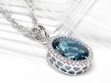 2ct London Blue Topaz Oval Cut Diamond Halo Pendant Chain 14k White Gold Finish