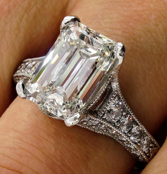 4Ct Emerald Cut Diamond Mligrain Vintage Engagement Ring 14K White Gold Finish