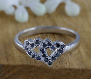 1.5ct Round Cut Black Diamond Engagement Ring Dual Heart 14k White Gold Finish