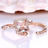 2ct Princess Cut Peach Morganite Bridal Set Engagement Ring 18k Rose Gold Finish