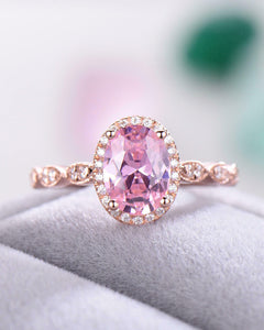 3Ct Oval Cut Pink Sapphire Diamond Halo Engagement Ring 14K Rose Gold Finish