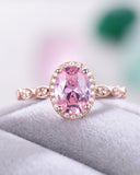 3Ct Oval Cut Pink Sapphire Diamond Halo Engagement Ring 14K Rose Gold Finish