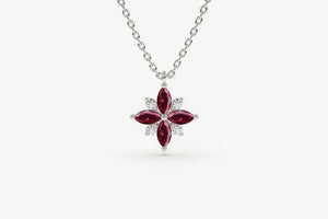 1.1ct Pink Ruby Pendant Chain Marquise Cut Cluster Design 14k White Gold Finish