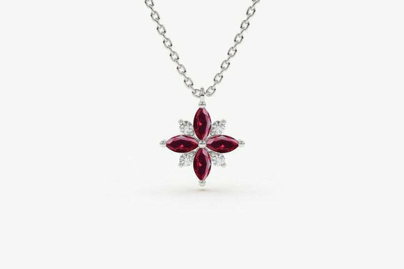 1.1ct Pink Ruby Pendant Chain Marquise Cut Cluster Design 14k White Gold Finish