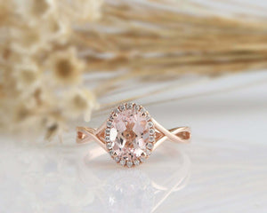 2ct Oval Cut Morganite Engagement Ring Diamond Halo Split Band 14k RoseGold Over