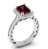 2.5ct Emerald Cut Red Garnet Halo Solitaire with Accent Ring 14k White Gold Over