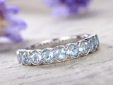 3Ct Round Blue Aquamarine Half Eternity Wedding Band Ring 14K White Gold Finish