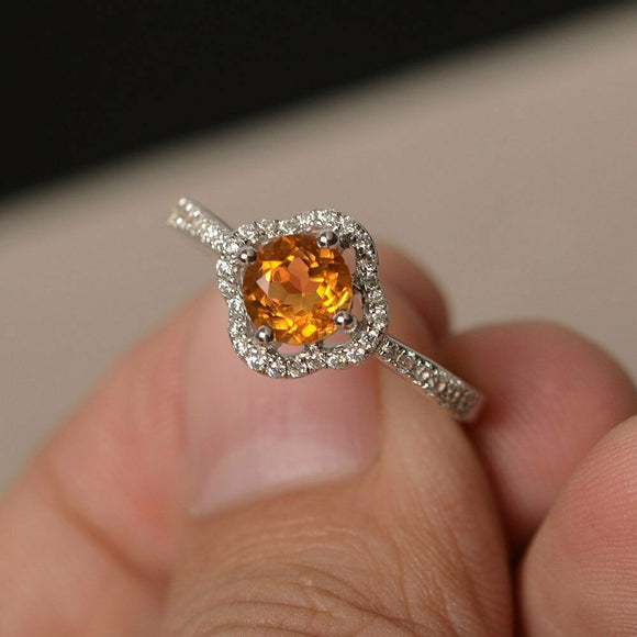 1.2ct Round Yellow Citrine Engagement Ring 14k White Gold Finish Halo Solitaire