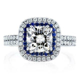 4Ct Cushion Cut Diamond Sapphire Dual Halo Engagement Ring 14K White Gold Finish