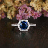 2ct Round Blue Sapphire Hexagon Diamond Halo Engagement Ring 14k White Gold Over