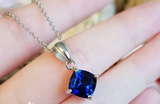 2ct Cushion Cut Blue Sapphire Pendant with Chain Solitaire 14k White Gold Finish