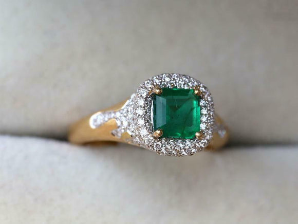 3ct Engagement Ring Green Emerald Cut Cocktail Halo 14k Yellow Gold Finish