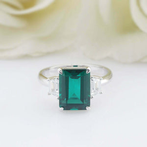 3ct Green Emerald Cut Engagement Ring Diamond Accents Trilogy 14k WhiteGold Over