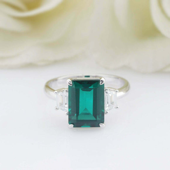 3ct Green Emerald Cut Engagement Ring Diamond Accents Trilogy 14k WhiteGold Over