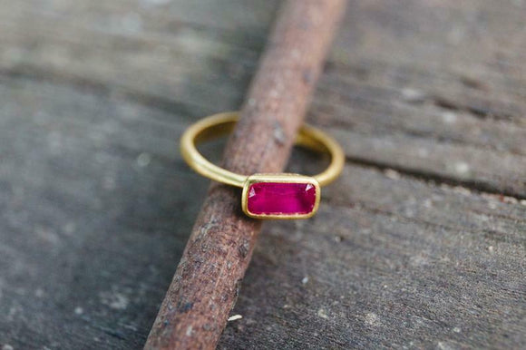 0.5ct Baguette Cut Pink Ruby Engagement Ring Hidden Halo 14k Yellow Gold Finish