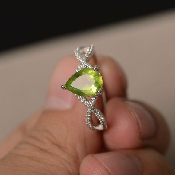 1ct Pear Cut Green Peridot Infinity Solitaire Engagement Ring 14k WhiteGold Over