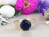 2.1ct Round Cut Blue Sapphire Round Diamond Accent Ring 14k Yellow Gold Finish